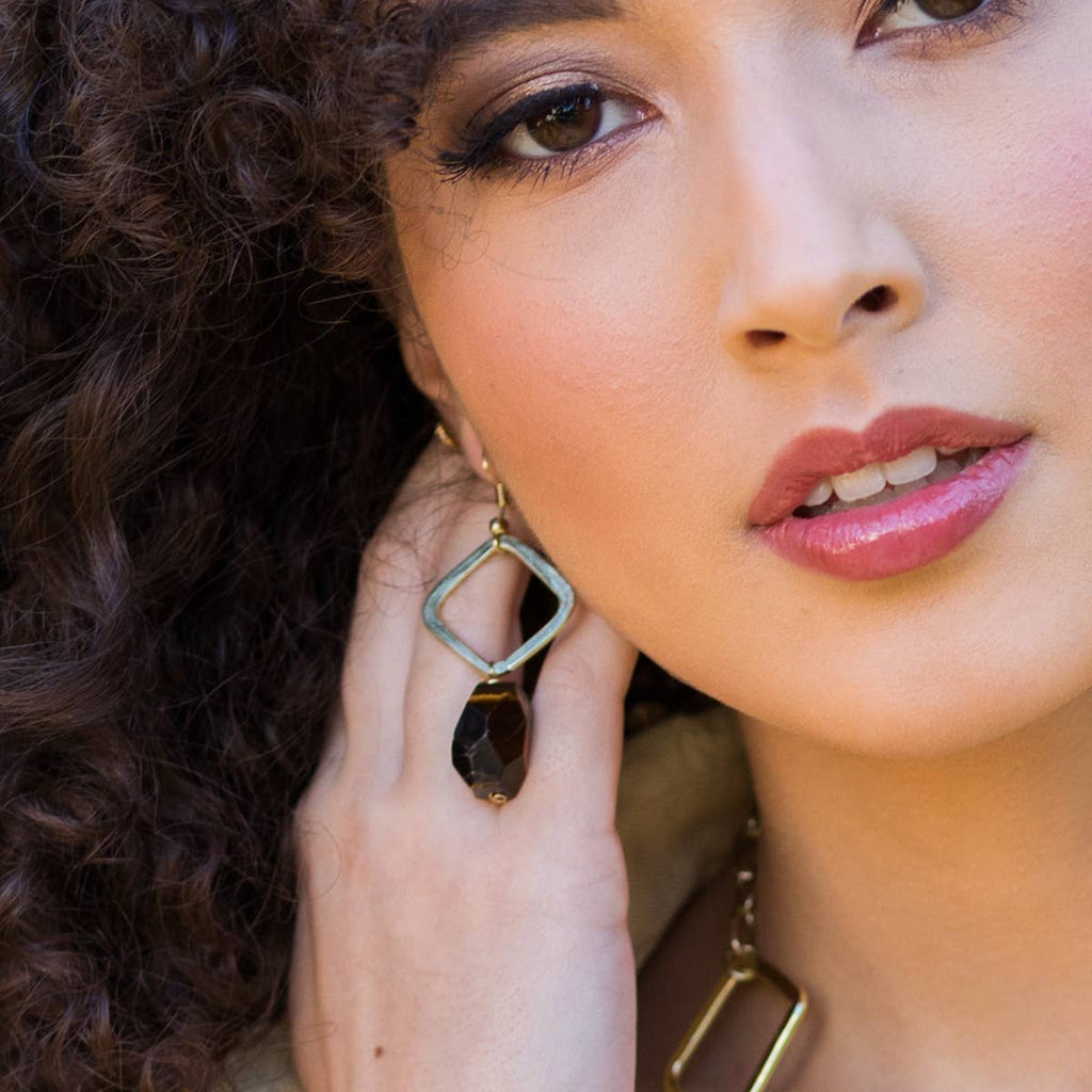 Gold-Plated Long Earrings With Tigerseye Stones