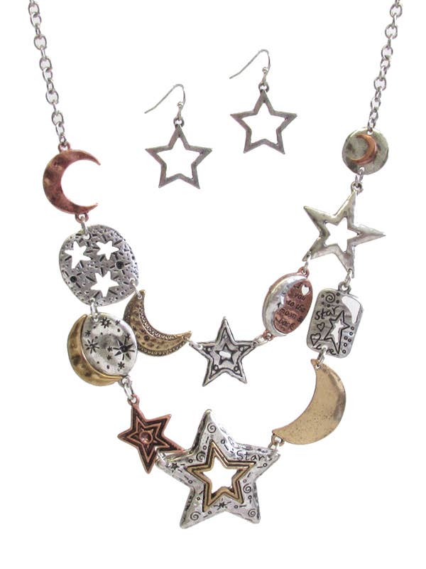 ( T601 )   METAL STAR MOON LINK BIB NECKLACE SET