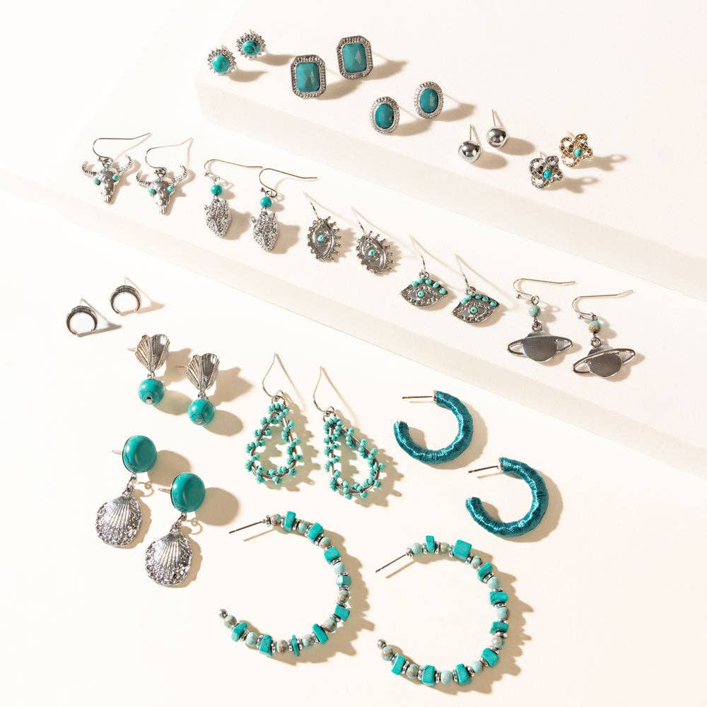 Turquoise Trails & Silver Tales Set of 16 Earrings