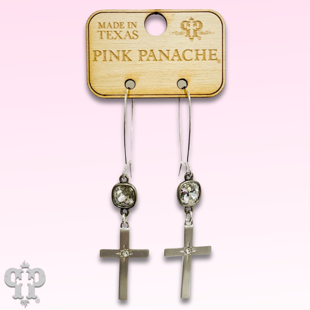 Brushed metal tone cross with Austrian crystal earring - LC