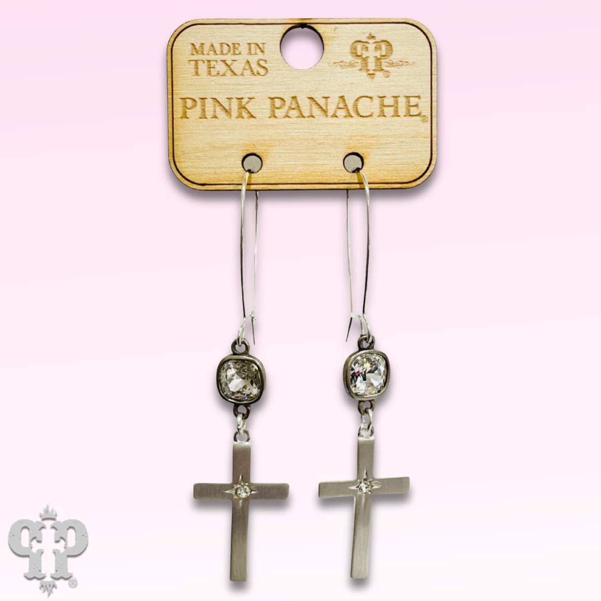 Brushed metal tone cross with Austrian crystal earring - LC