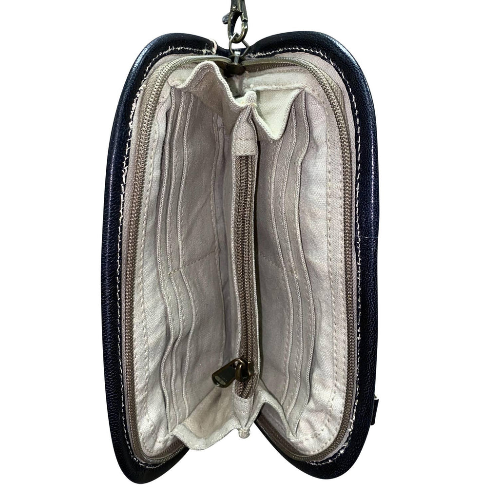 Leather Wrist Wallet Black White Stripe Womens Crossbody Bag