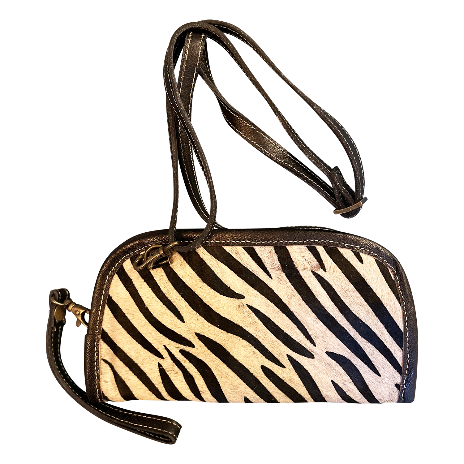 Leather Wrist Wallet Black White Stripe Womens Crossbody Bag