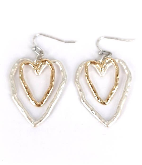 ( TX1325 )  HAMMERED METAL DOUBLE HEART EARRING