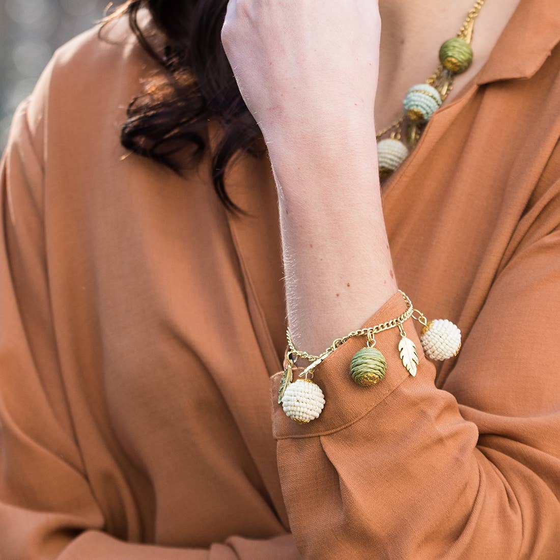 Sachi Calming Sage Collection Bracelet - Sphere, Leaf Charms