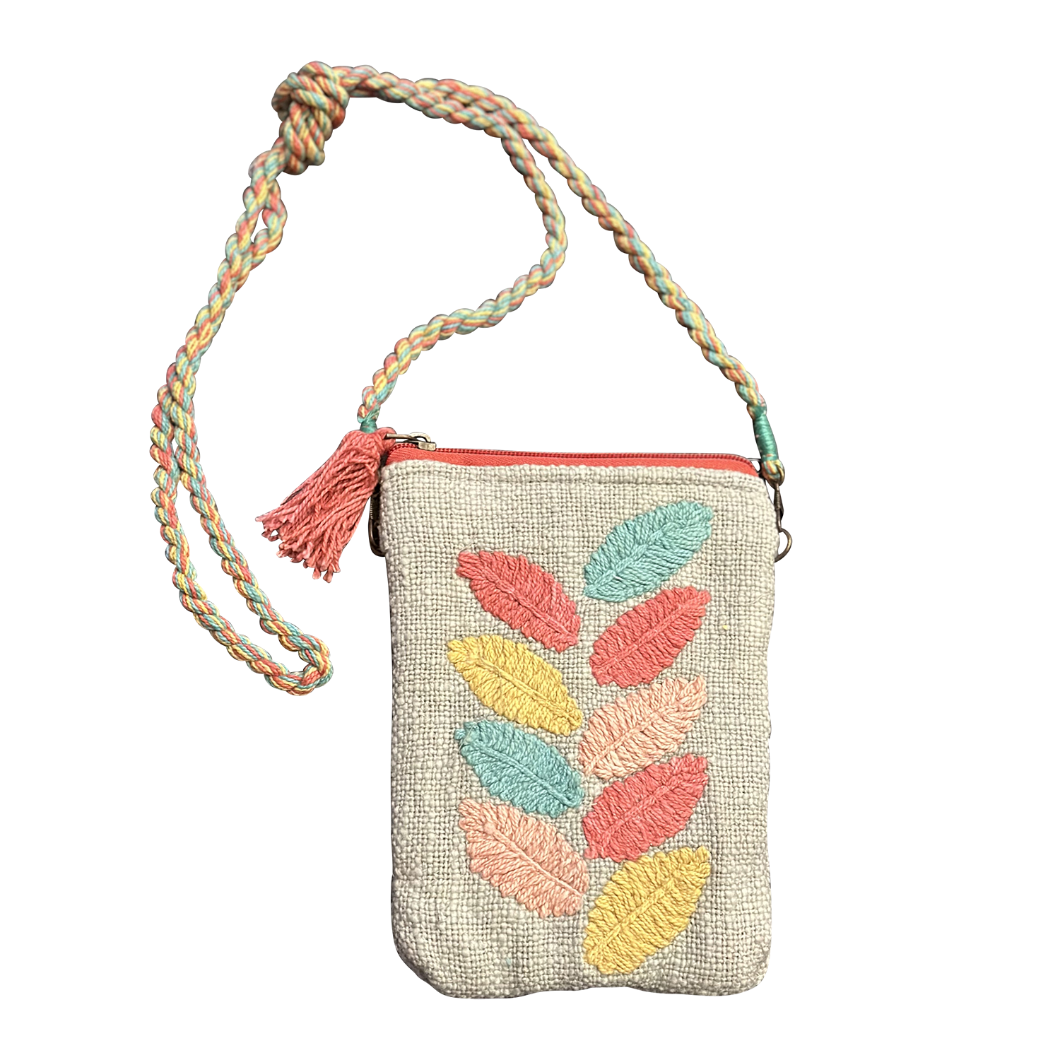 Embroidered Pastel Leaves Sling Cotton Women's Crossbody Bag