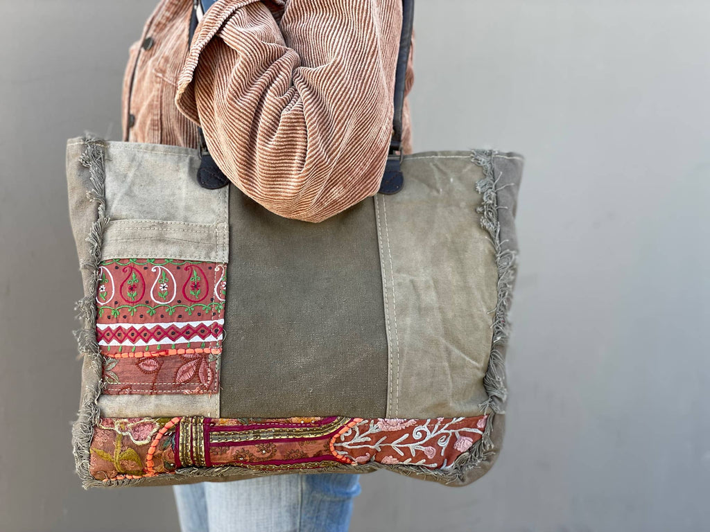 Recycled Tent Tote with Vintage Textiles (Zipper Top)