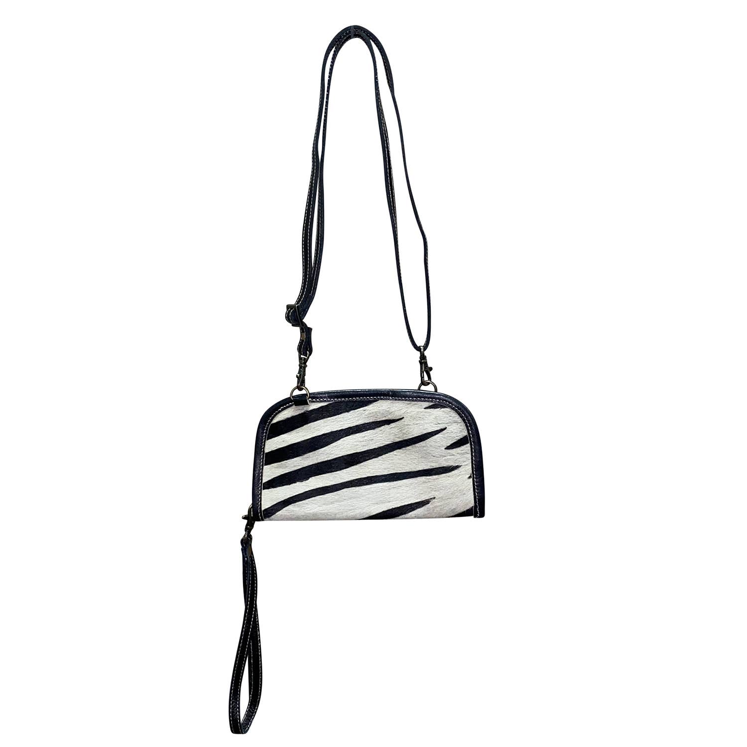 Leather Wrist Wallet Black White Stripe Womens Crossbody Bag