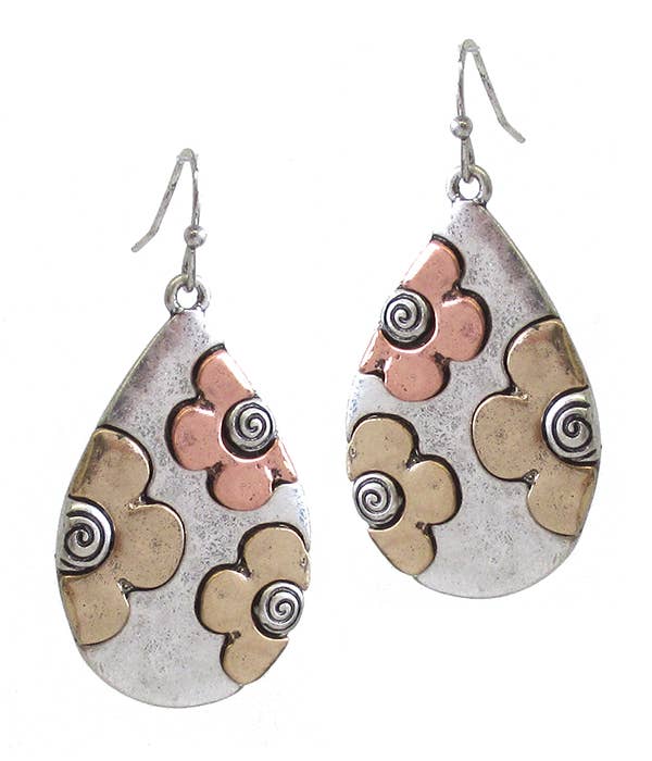 ( U924 )  METAL TEARDROP EARRING - FLOWER